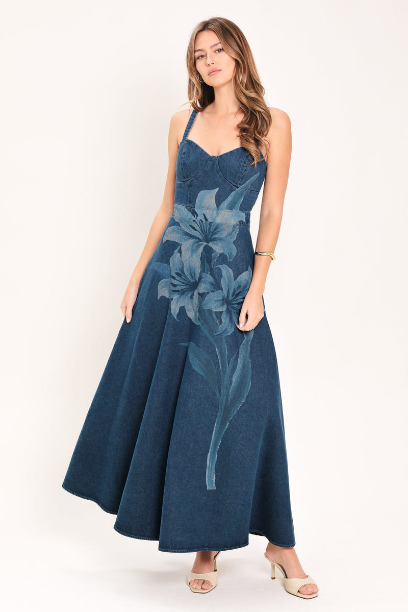 LILY BLOOM - PRINTED DENIM MAXI DRESS