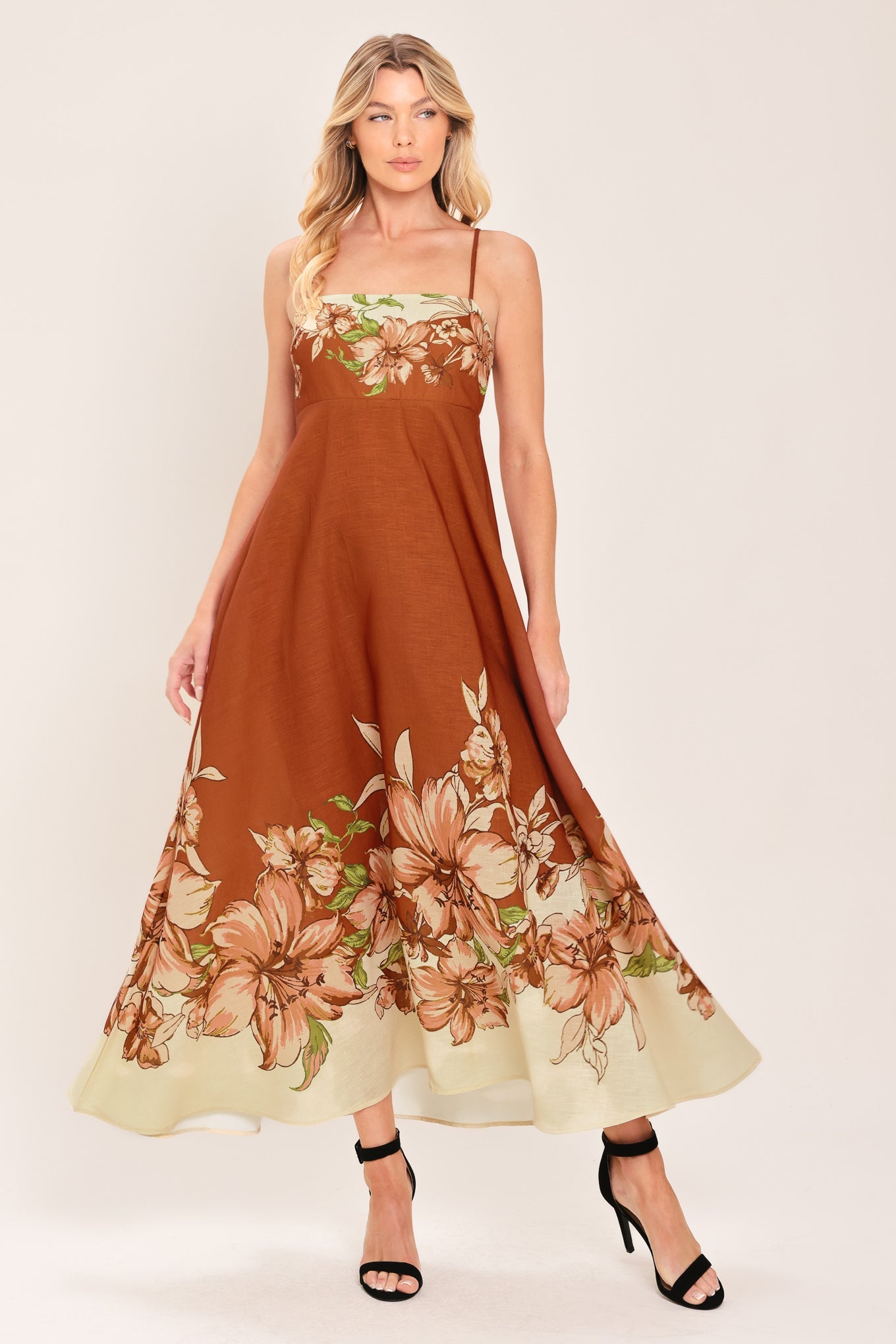 AUTUMN HARVEST PETALS - TERRACOTTA FLORAL MIDI DRESS