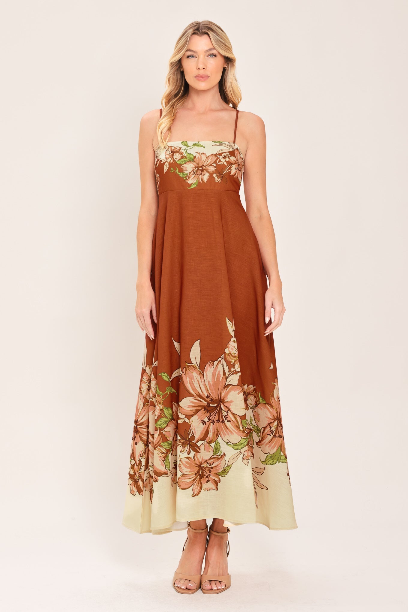 AUTUMN HARVEST PETALS - TERRACOTTA FLORAL MIDI DRESS