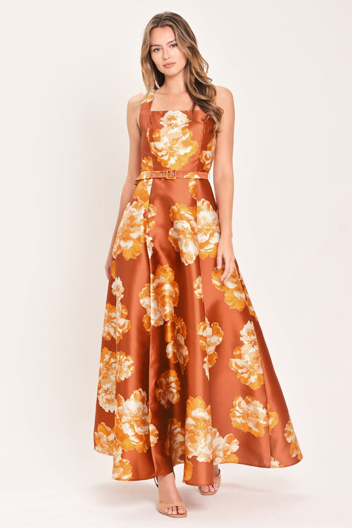 Rust Floral Square Neck Belted Maxi Dress in Rust, front view | Lady Black Tie