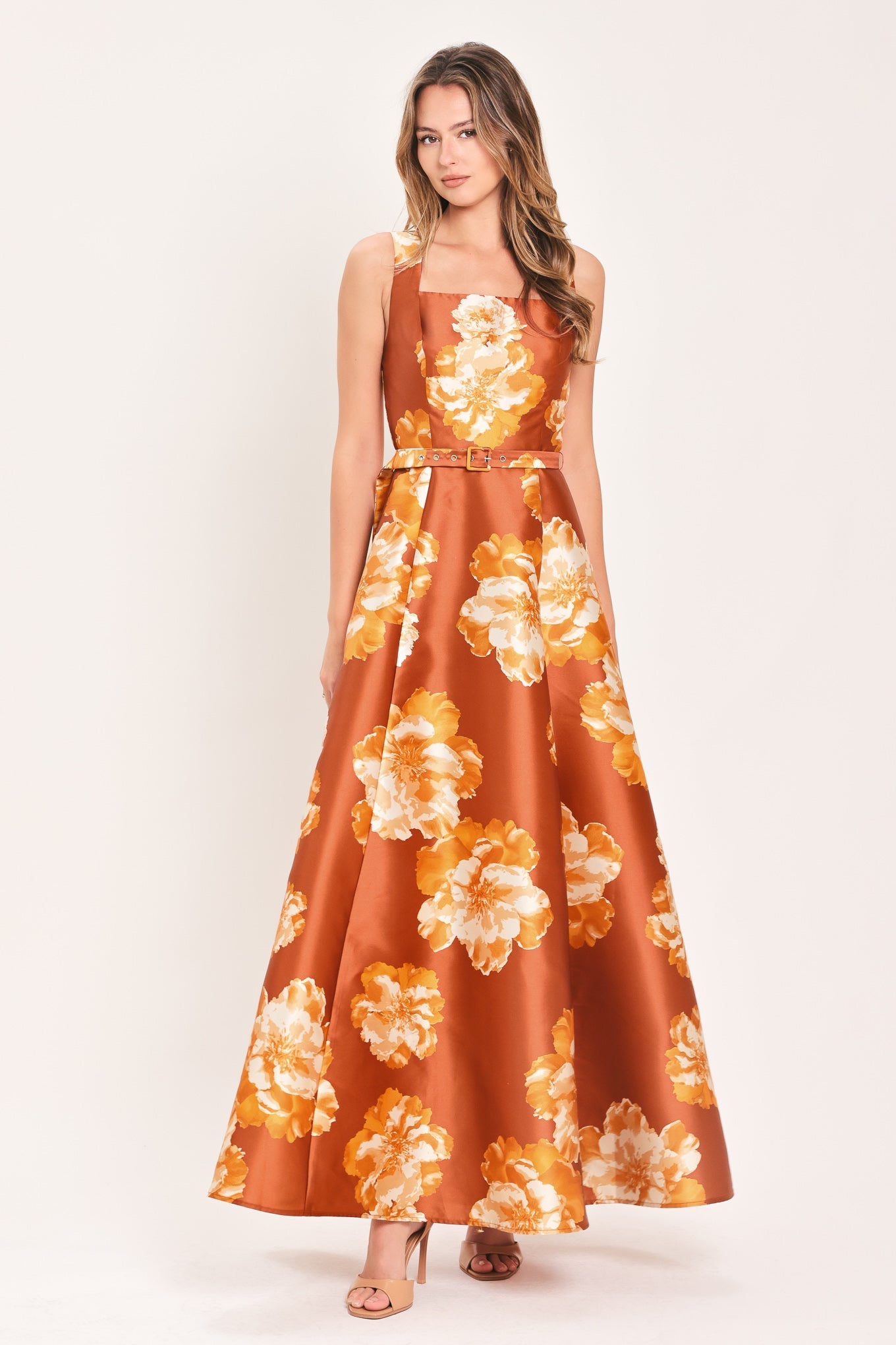 FIRESIDE FLORAL REVERIE RUST MAXI DRESS