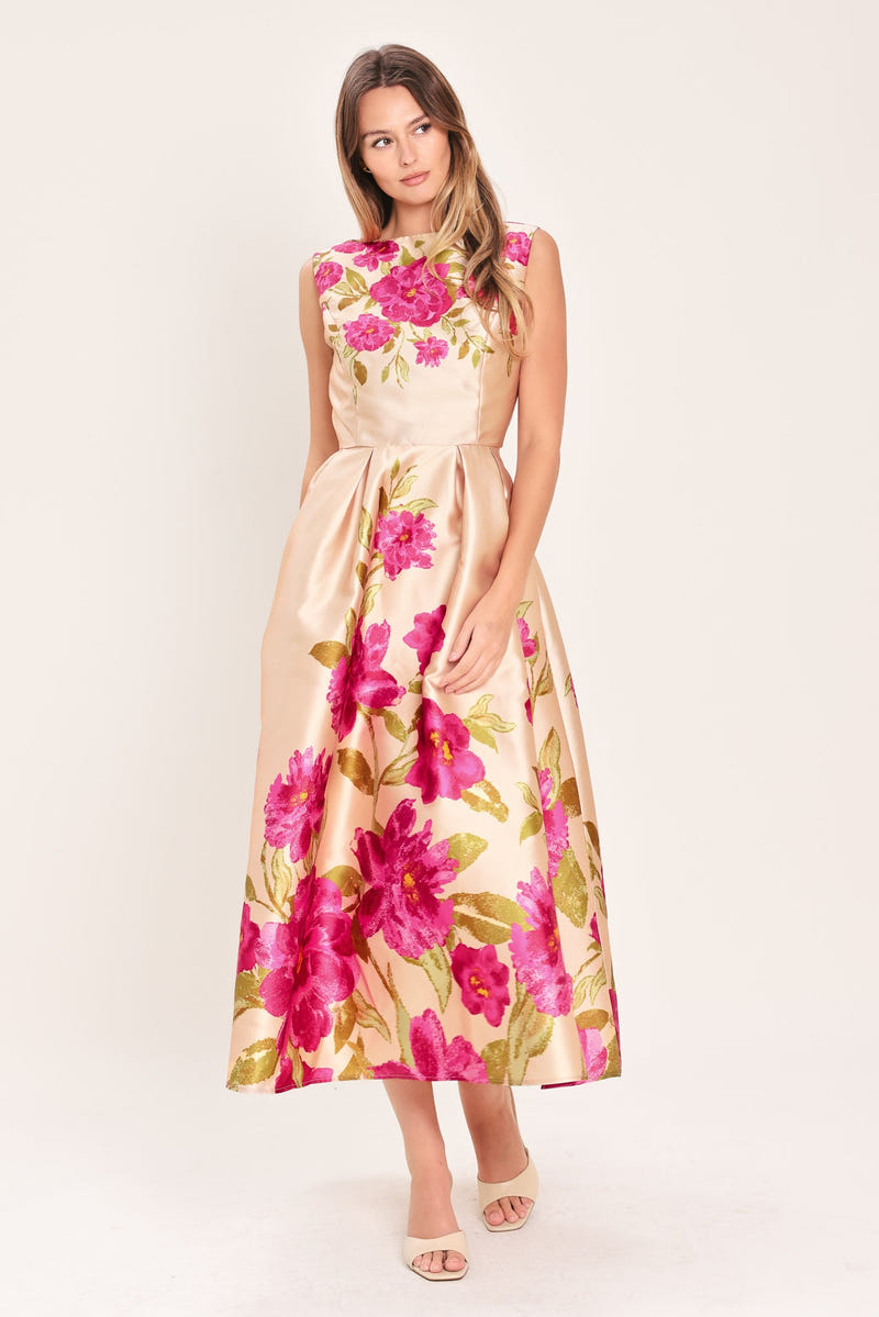 SOFT SATIN FLORAL PINK MIDI DRESS