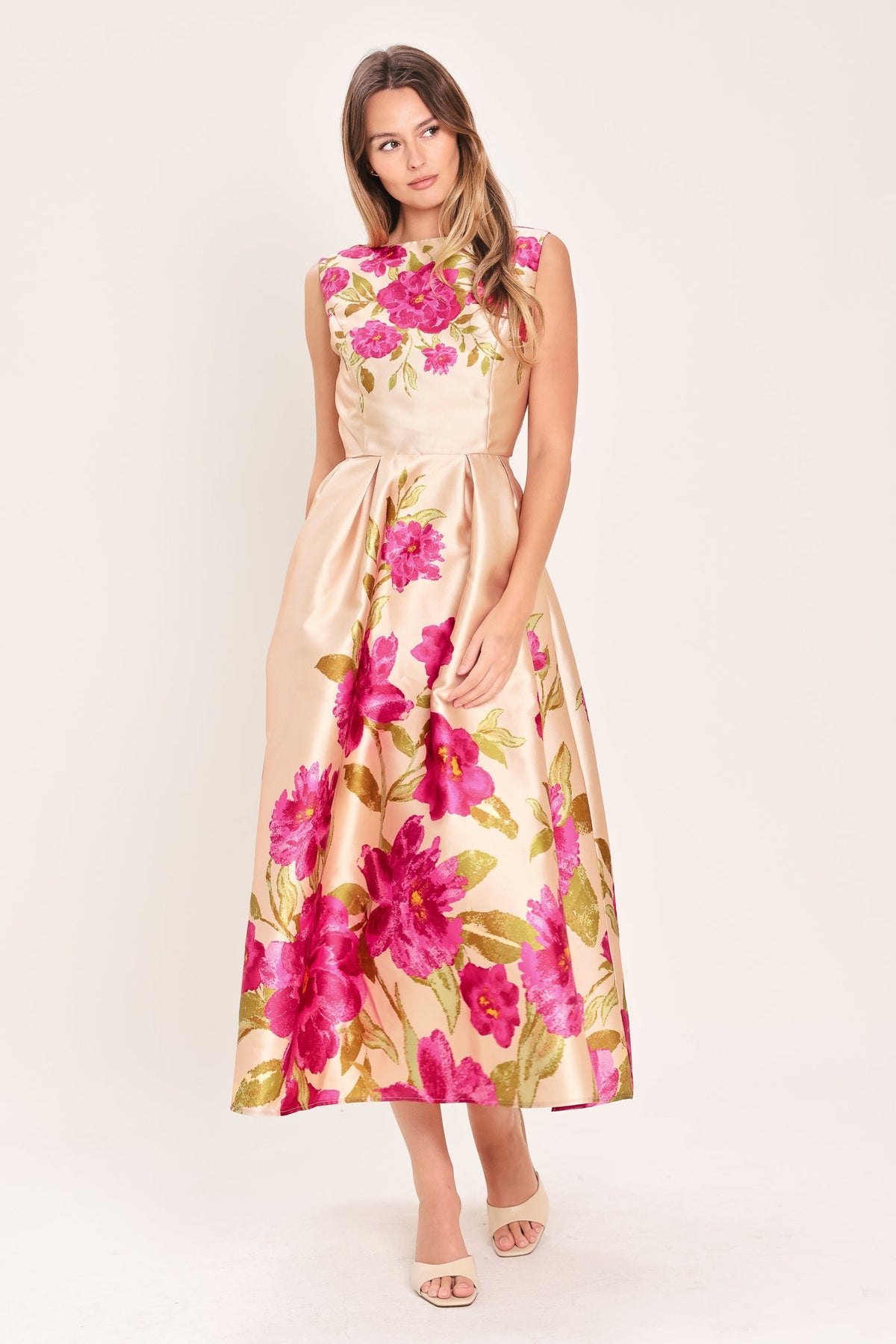 Lady Black Tie - Soft Satin Floral Pink Midi Dress