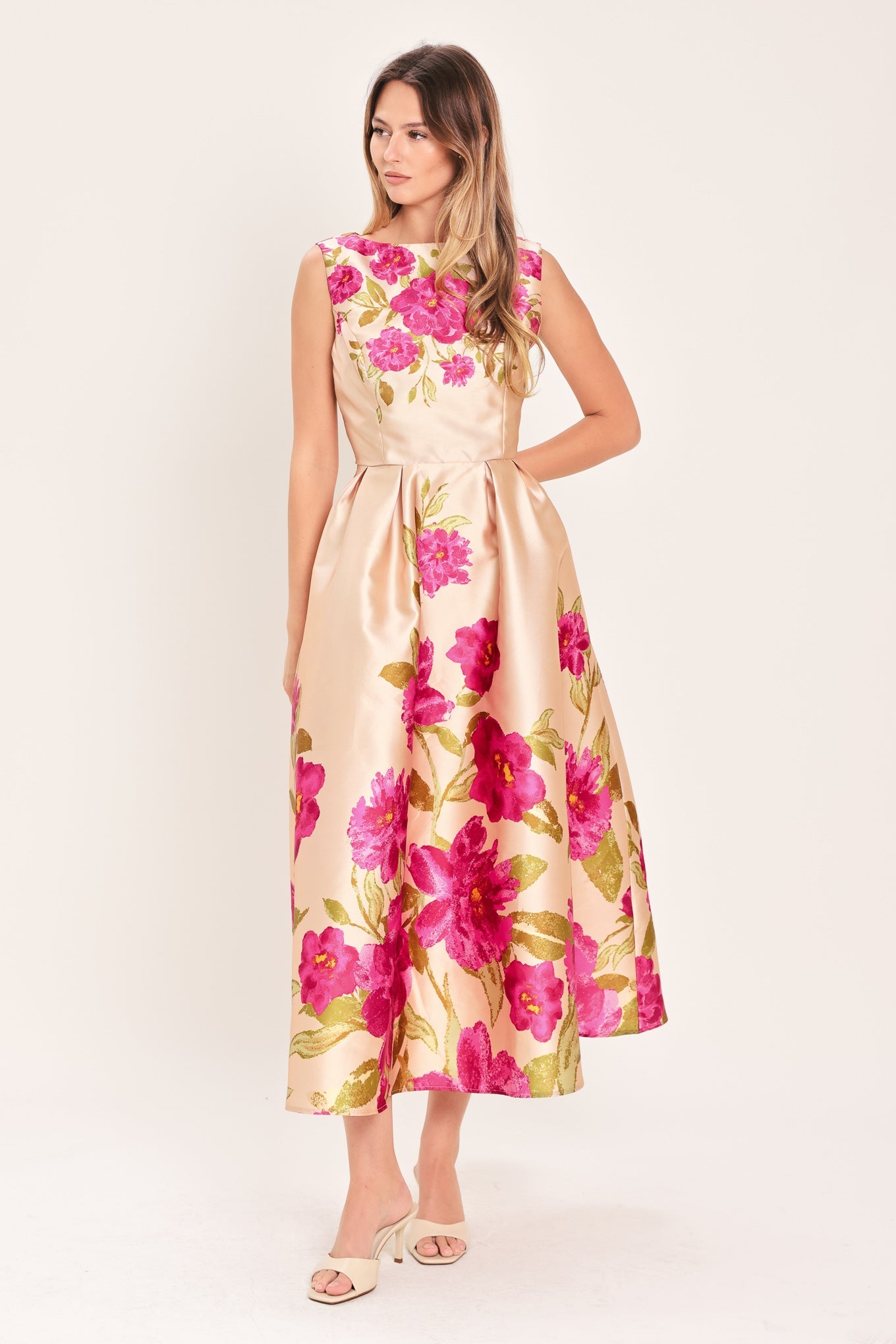 soft pink floral dress Open-Back Pleated Pink Floral Casual Summer Maxi Dress Blush Pink Floral / Large