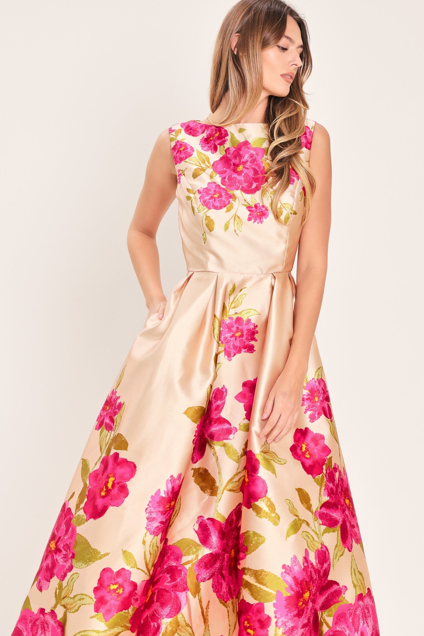 formal floral midi dress Pink Floral Jacquard Sleeveless Midi Dress