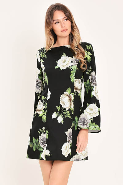WHISPERING ROSES BLACK MINI DRESS