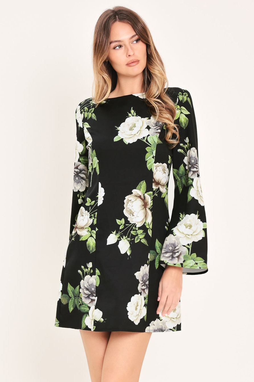 WHISPERING ROSES BLACK MINI DRESS