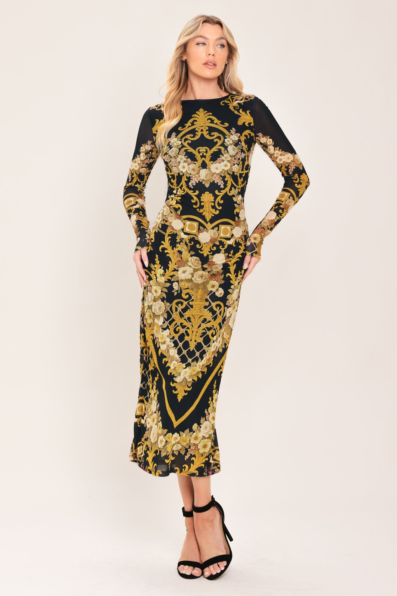 BAROQUE ROSES - LONG SLEEVE POWER MESH MIDI DRESS