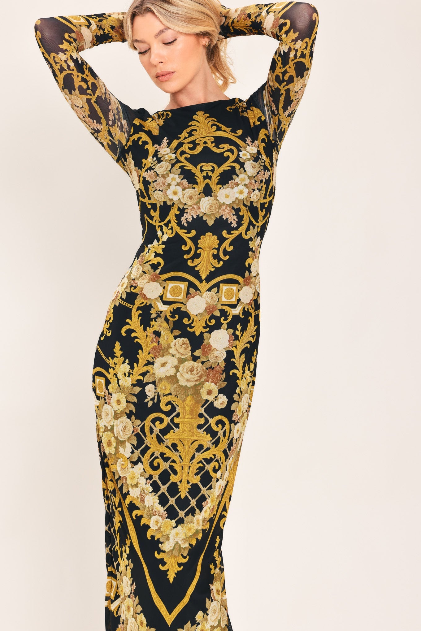 BAROQUE ROSES - LONG SLEEVE POWER MESH MIDI DRESS