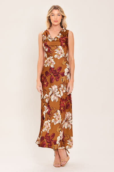 CARAMEL SPICE - FLORAL COWL MIDI DRESS