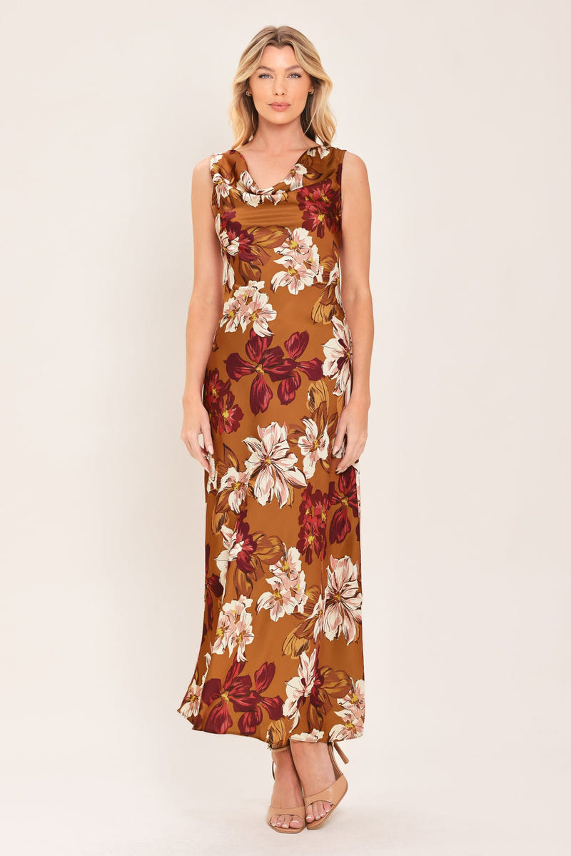 CARAMEL SPICE - FLORAL COWL MIDI DRESS
