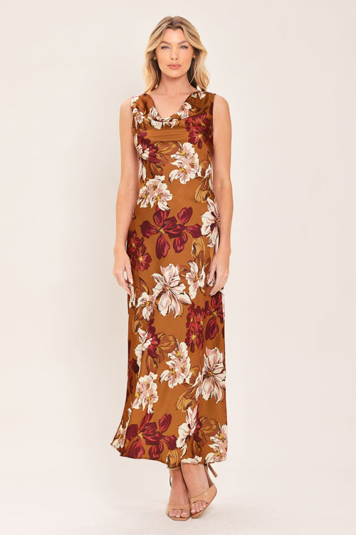 CARAMEL SPICE - FLORAL COWL MIDI DRESS