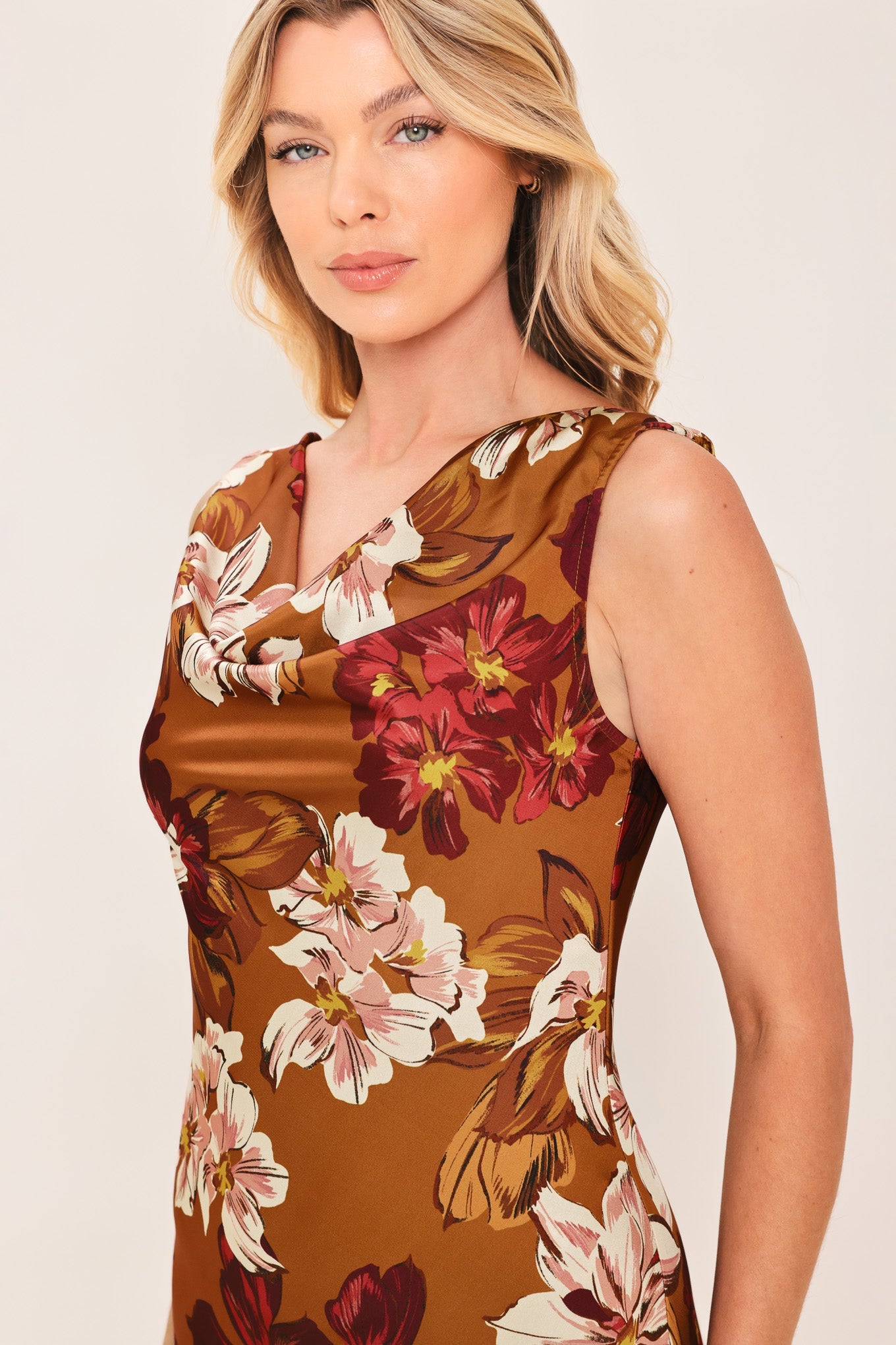 CARAMEL SPICE - FLORAL COWL MIDI DRESS