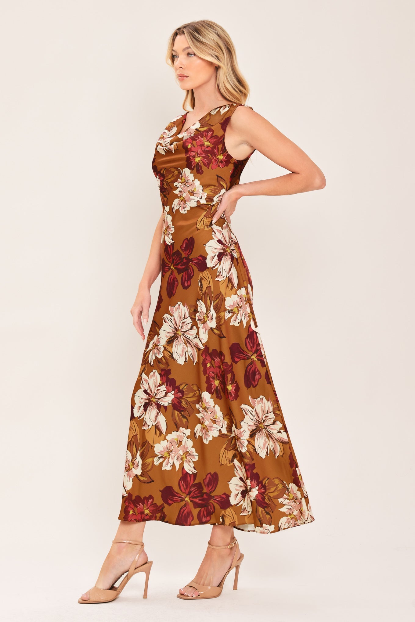 CARAMEL SPICE - FLORAL COWL MIDI DRESS