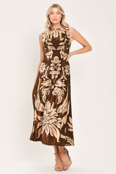 Brown Floral Print Velvet Midi Dress