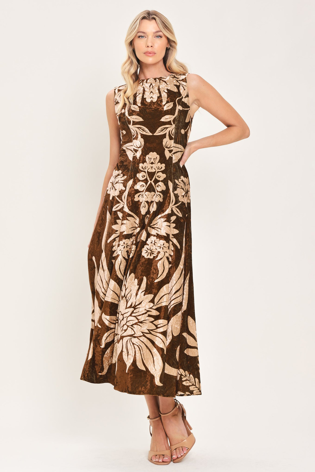 Brown Floral Print Velvet Midi Dress in Brown, front view | Lady Black Tie