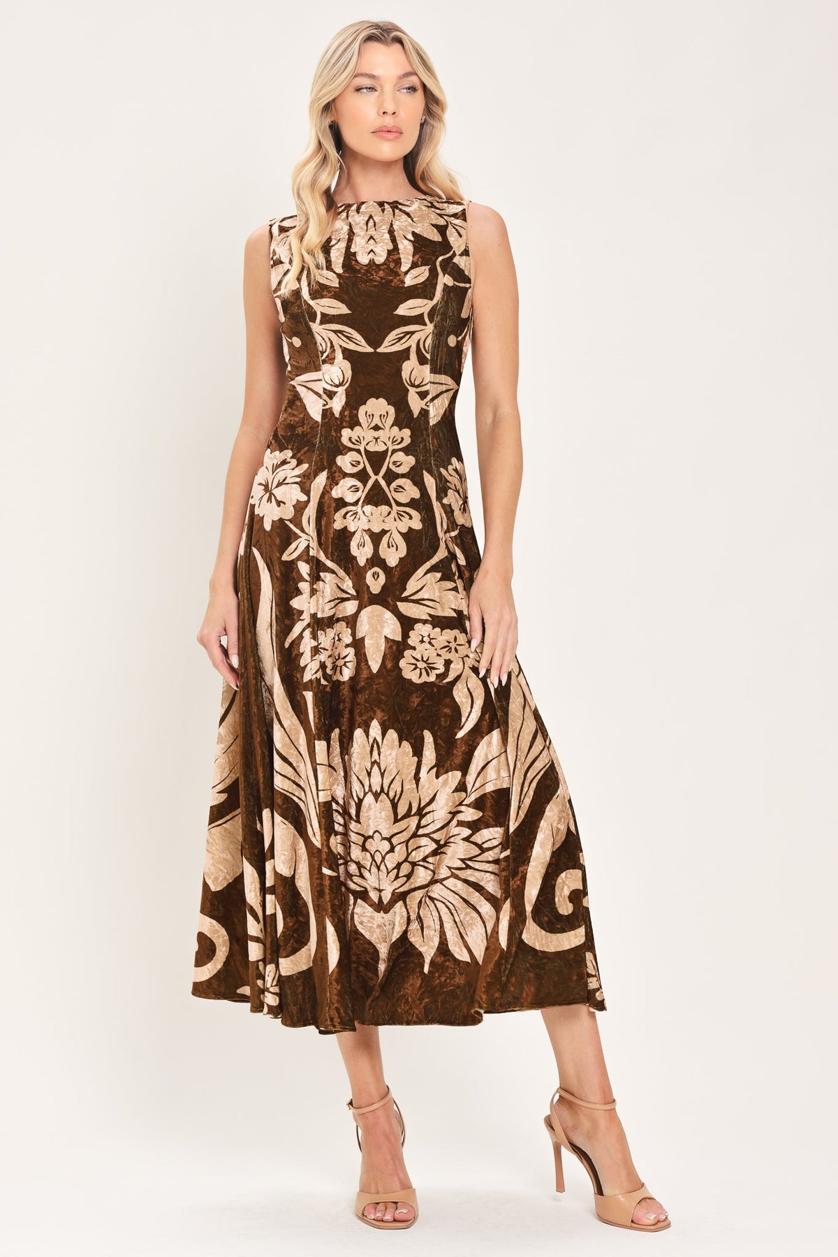 Brown Floral Print Velvet Midi Dress in Brown, front view | Lady Black Tie
