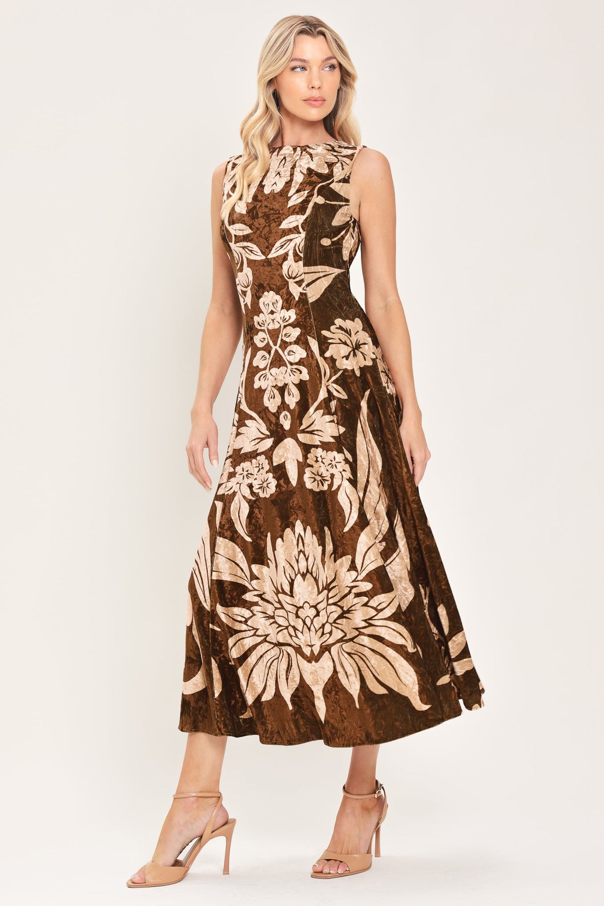 Brown Floral Print Velvet Midi Dress in Brown, three-quarter view | Lady Black Tie