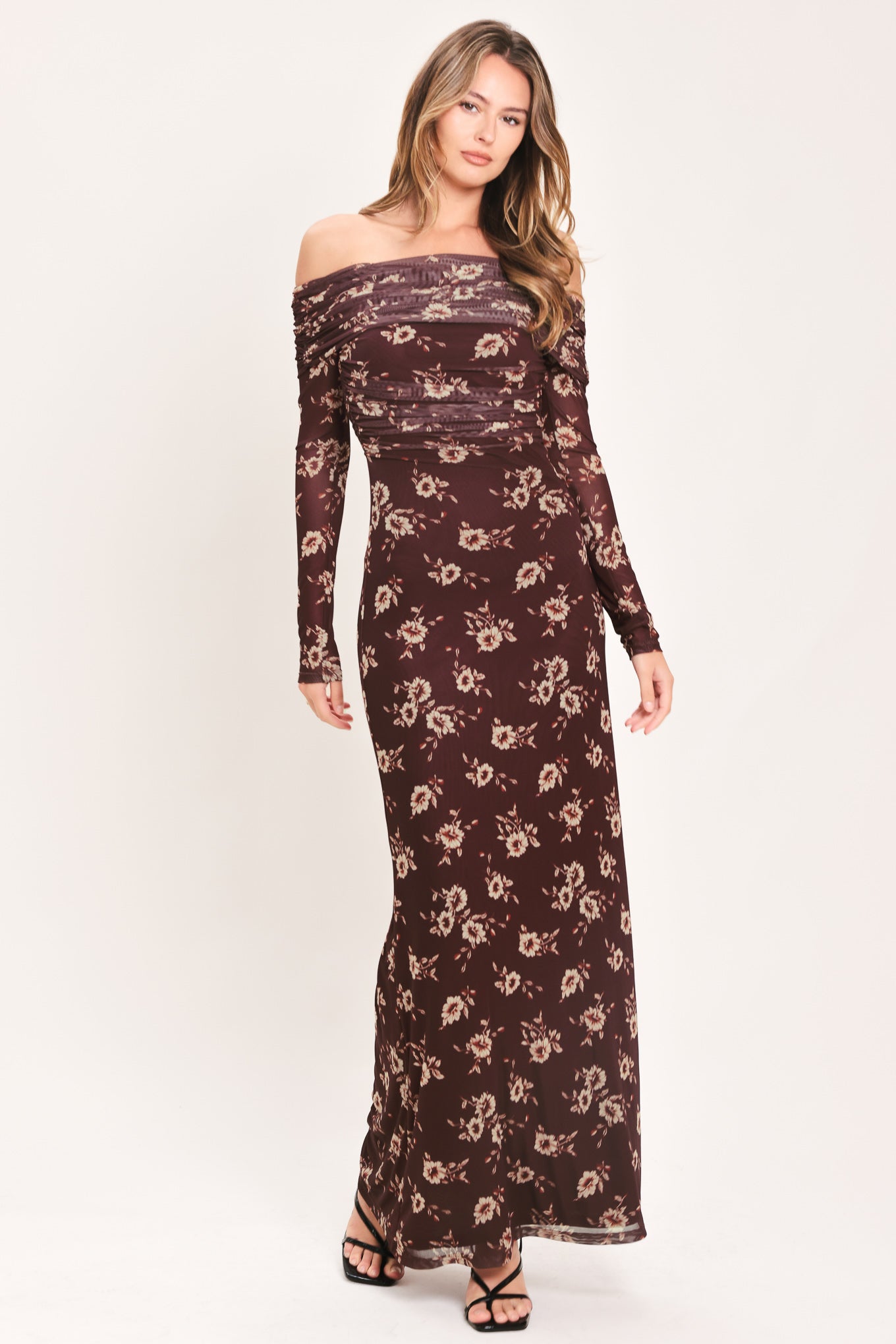 BURGUNDY FLORAL OFF SHOULDER POWER MESH MAXI DRESS