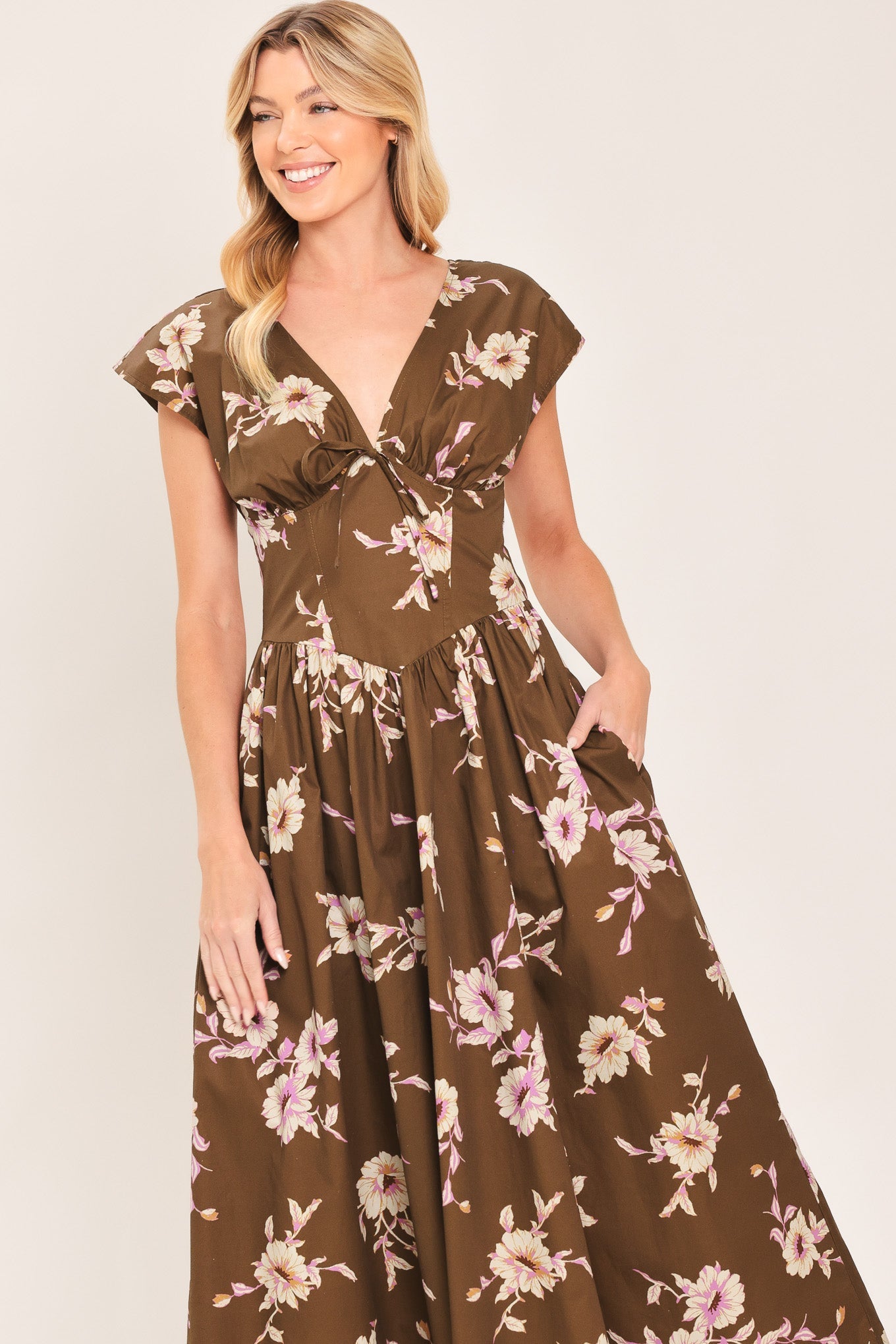 HARVEST MOON - BROWN FLORAL MIDI DRESS
