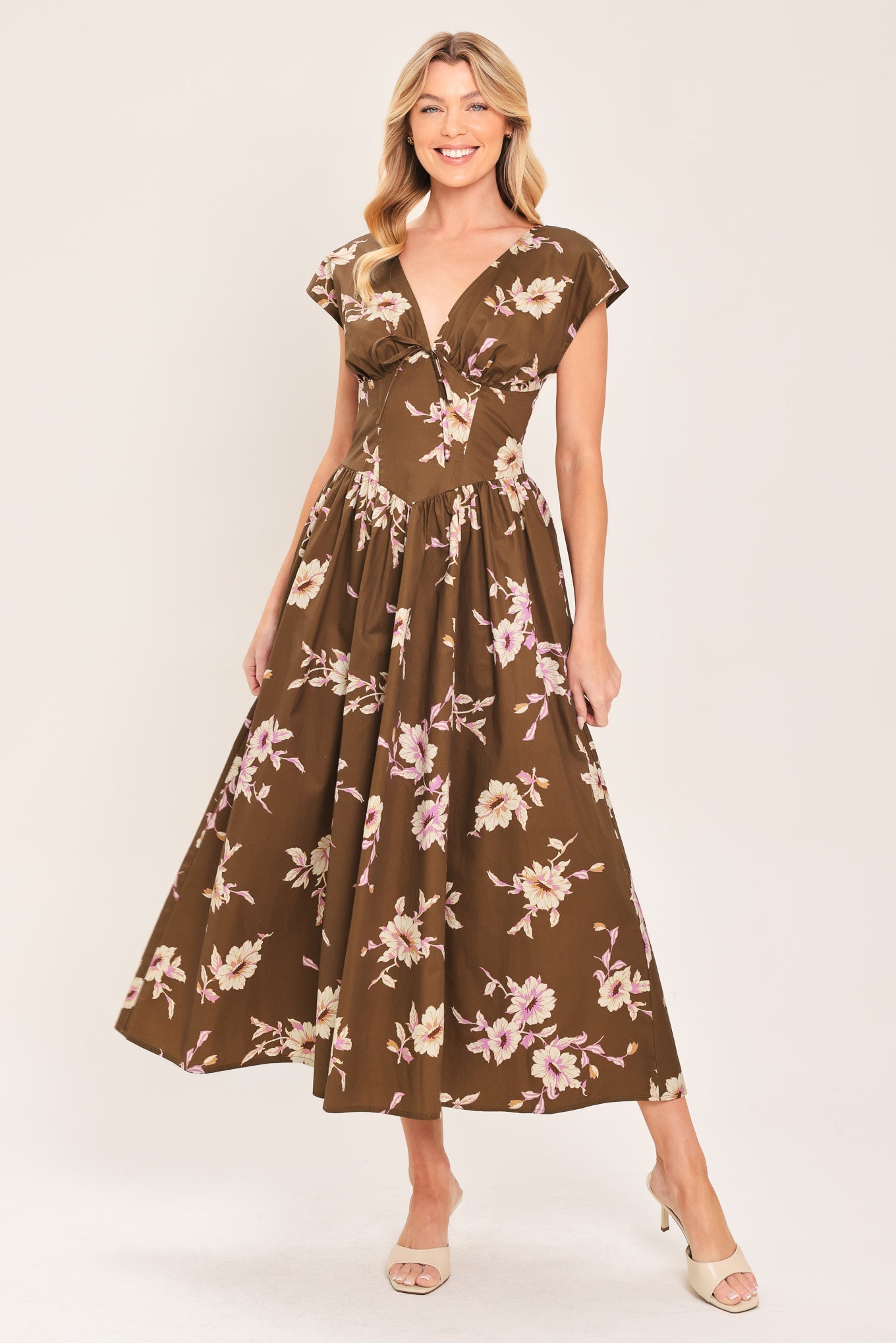HARVEST MOON - BROWN FLORAL MIDI DRESS