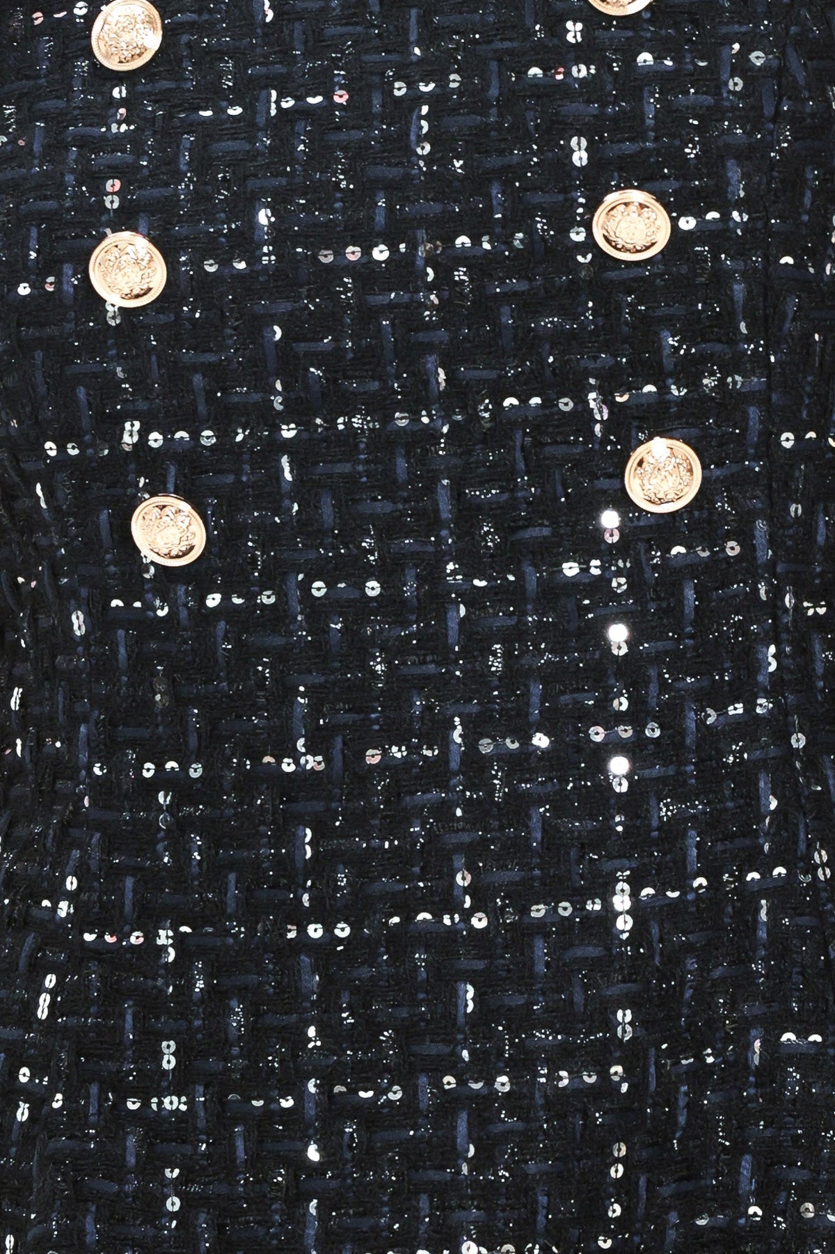NAVY SEQUIN TWEED BUTTON-DETAIL MINI DRESS