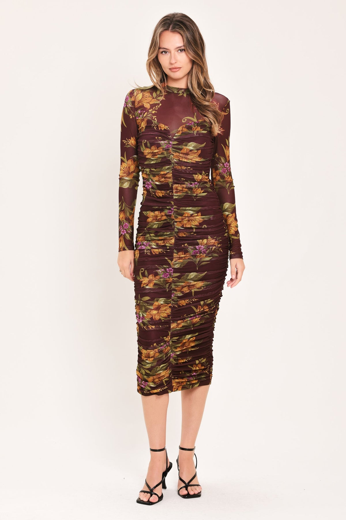 Burgundy Floral Mesh Long Sleeve Ruched Midi Dress in Burgundy, alternate view | Lady Black Tie