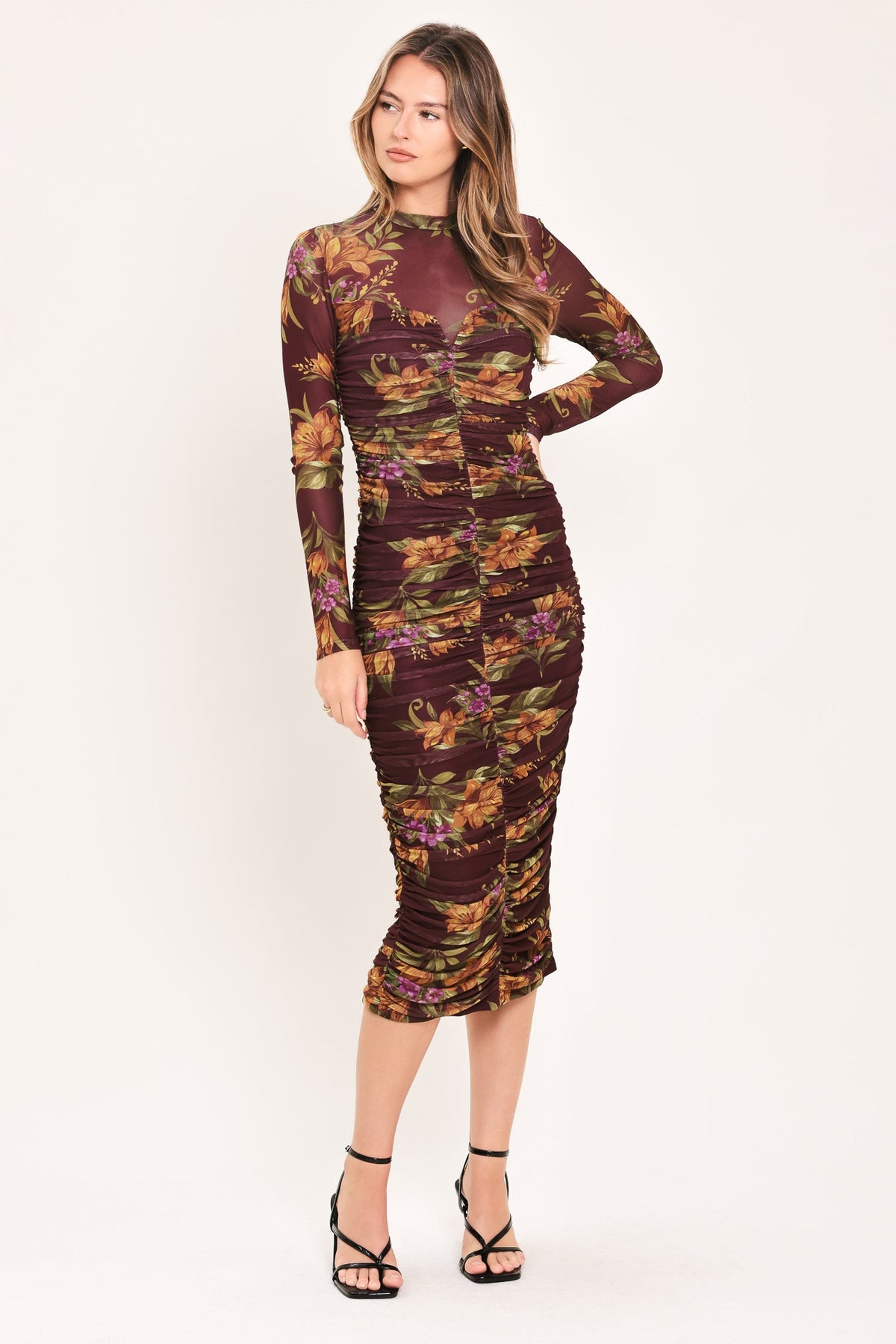 Burgundy Floral Mesh Long Sleeve Ruched Midi Dress in Burgundy, alternate view | Lady Black Tie