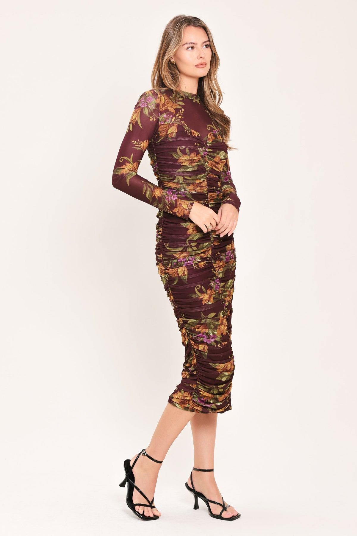 Burgundy Floral Mesh Long Sleeve Ruched Midi Dress in Burgundy, alternate view | Lady Black Tie
