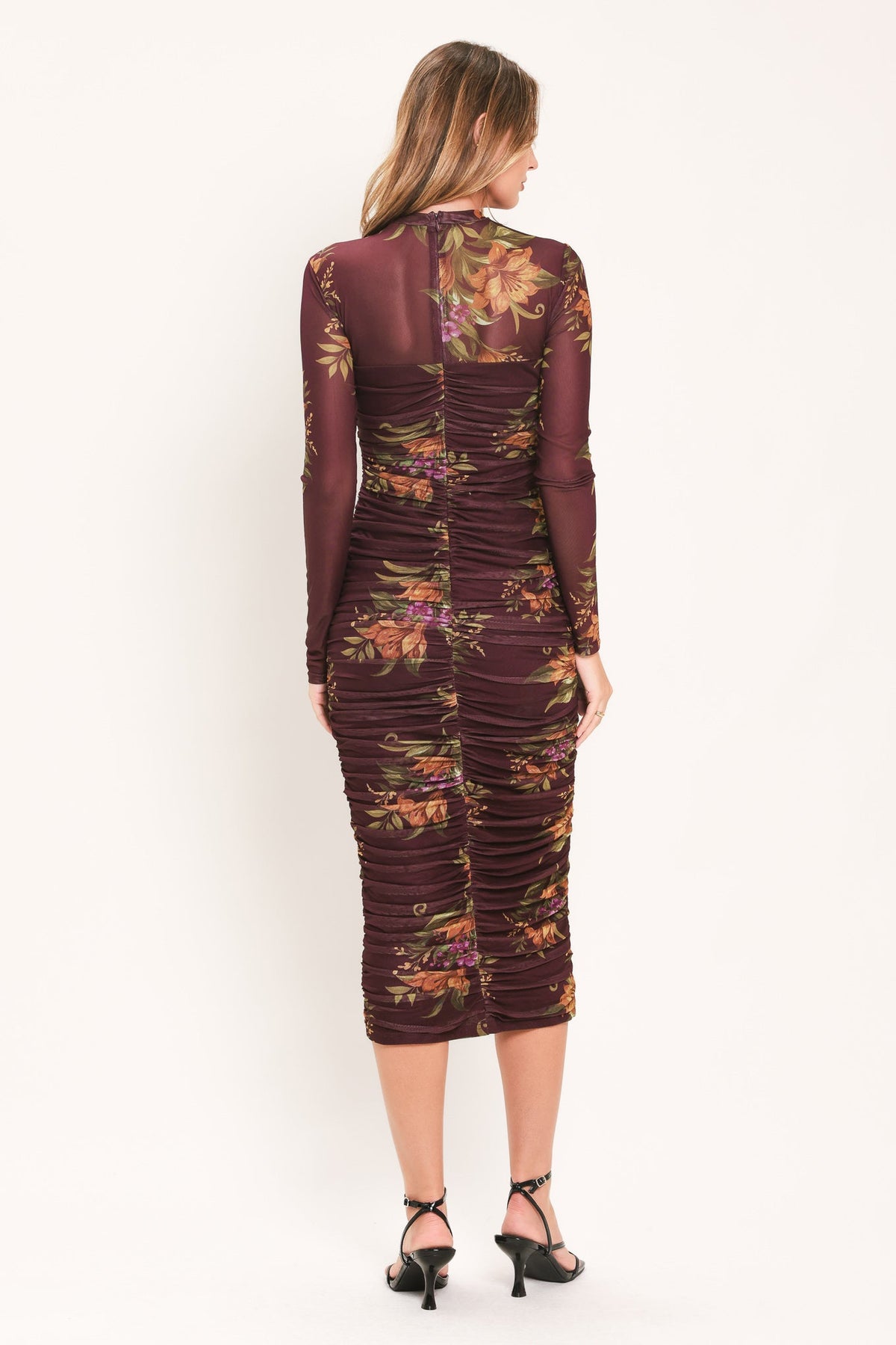Burgundy Floral Mesh Long Sleeve Ruched Midi Dress in Burgundy, alternate view | Lady Black Tie