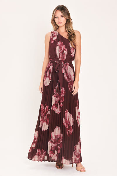 CRIMSON MUSE - BURGUNDY PLEATED ONE-SHOULDER MAXI DRESS