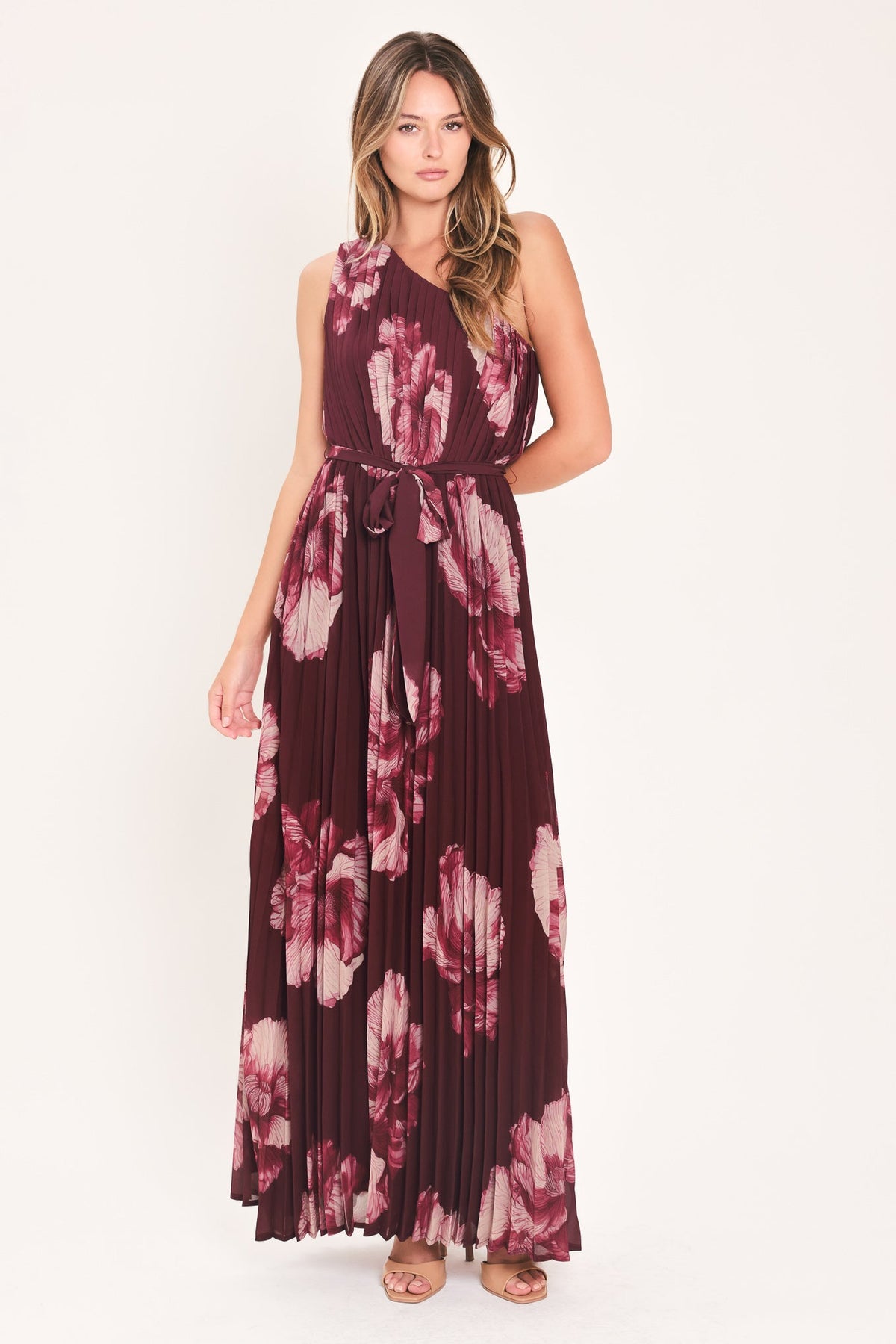 CRIMSON MUSE - BURGUNDY PLEATED ONE-SHOULDER MAXI DRESS | Lady Black Tie