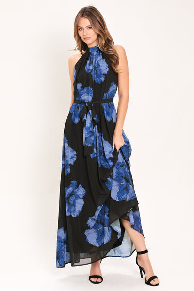 EVENING ORCHARD - BLUE FLORAL HALTER MAXI DRESS
