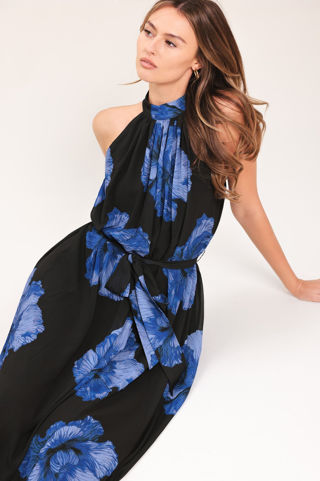 Lady Black Tie - Evening Orchard - Blue Floral Halter Maxi Dress