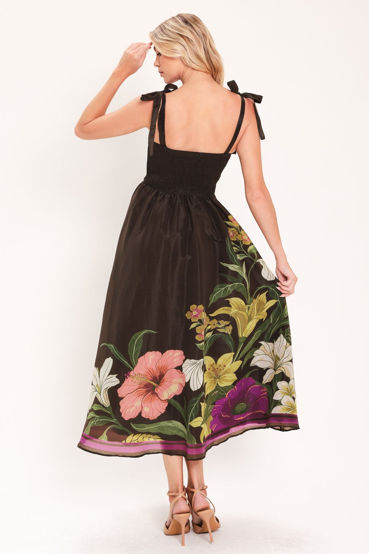 Brown Floral Sweetheart Midi Dress with Pockets in Brown, back view showing smocked back | Lady Black Tie