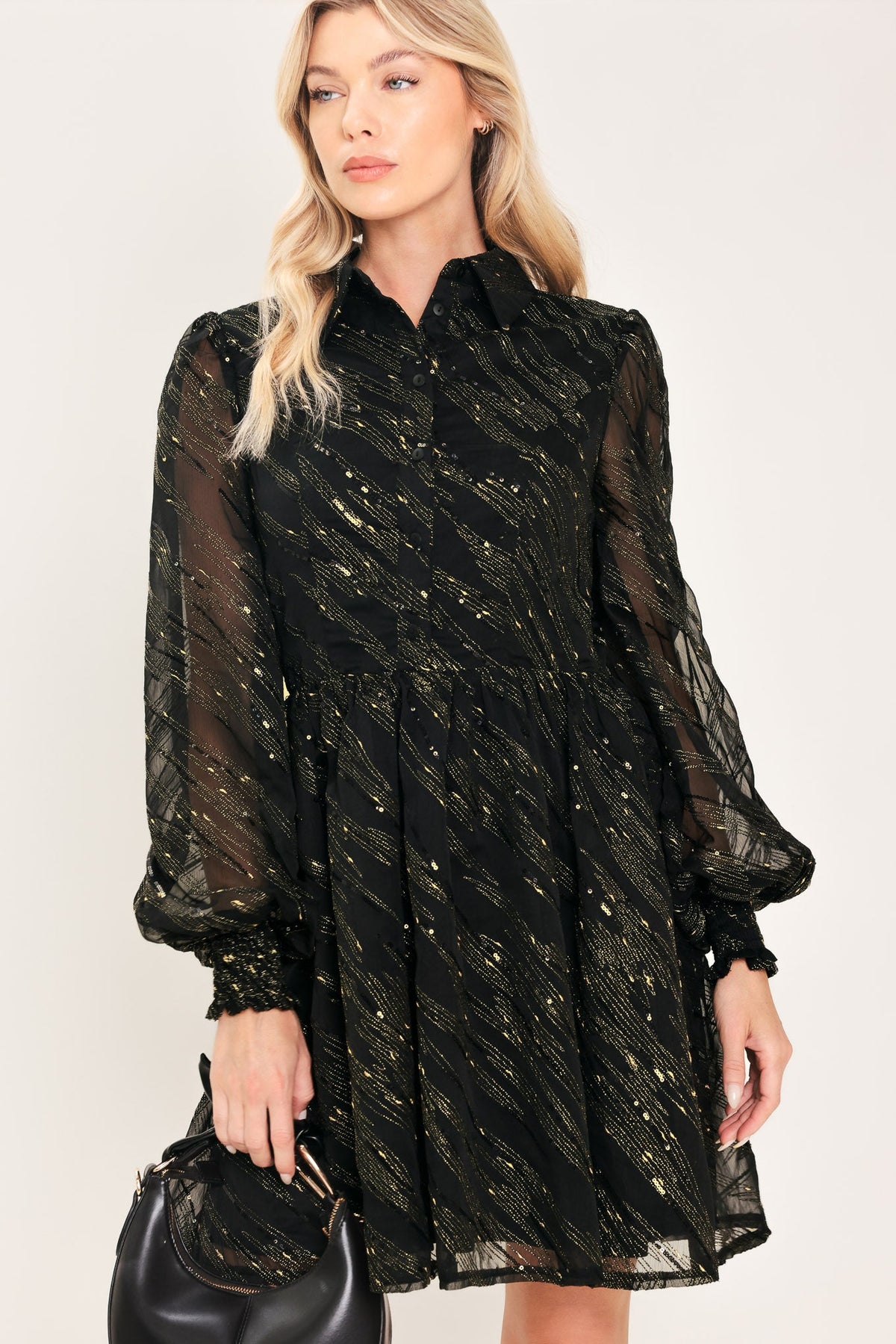 Black Gold Metallic Stripe Long Sleeve Shirt Mini Dress in Black Gold, alternate view | Lady Black Tie