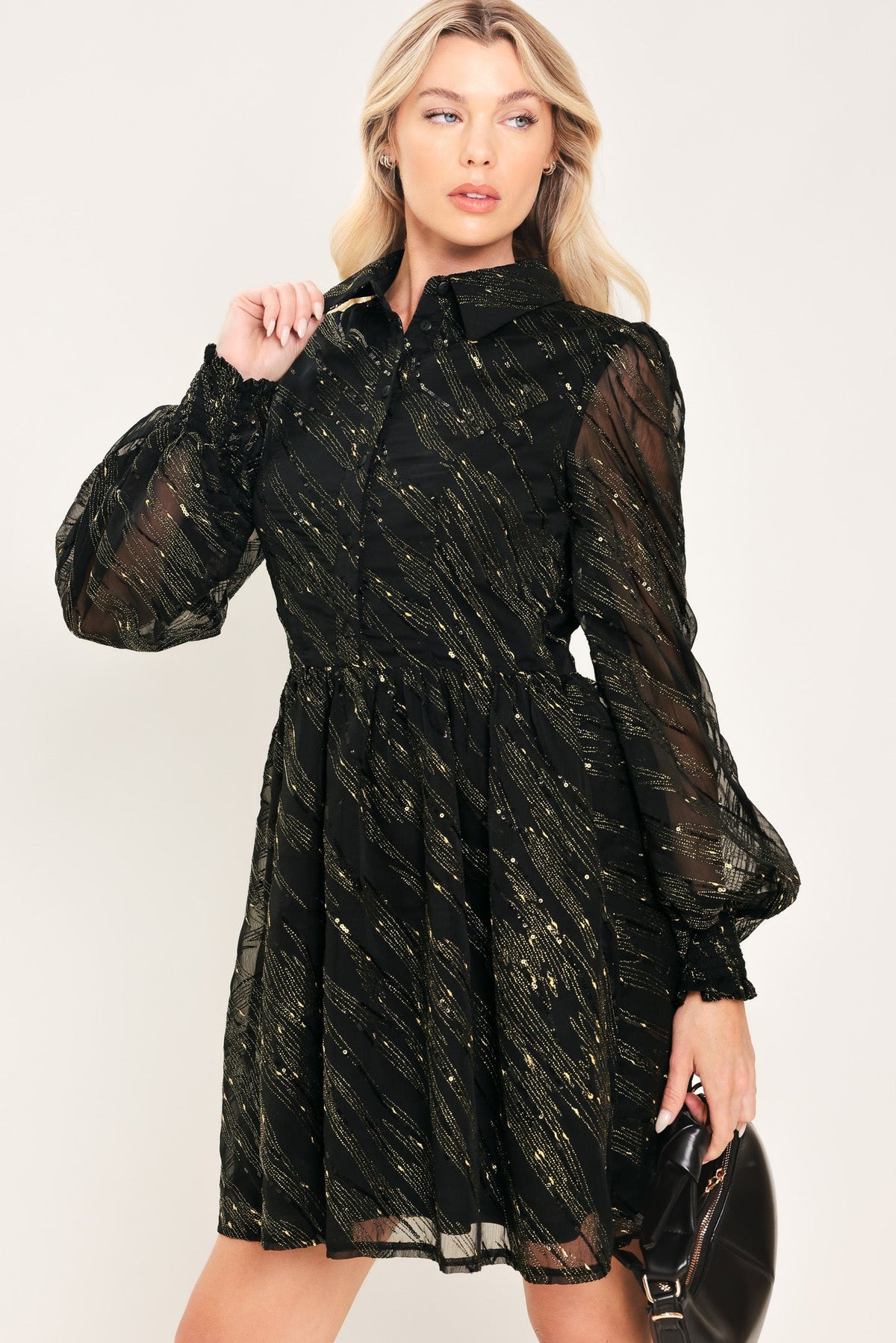 Black Gold Metallic Stripe Long Sleeve Shirt Mini Dress in Black Gold, alternate view | Lady Black Tie