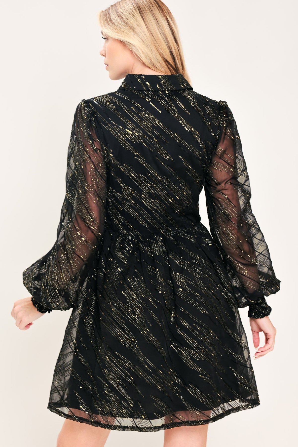 Black Gold Metallic Stripe Long Sleeve Shirt Mini Dress in Black Gold, alternate view | Lady Black Tie