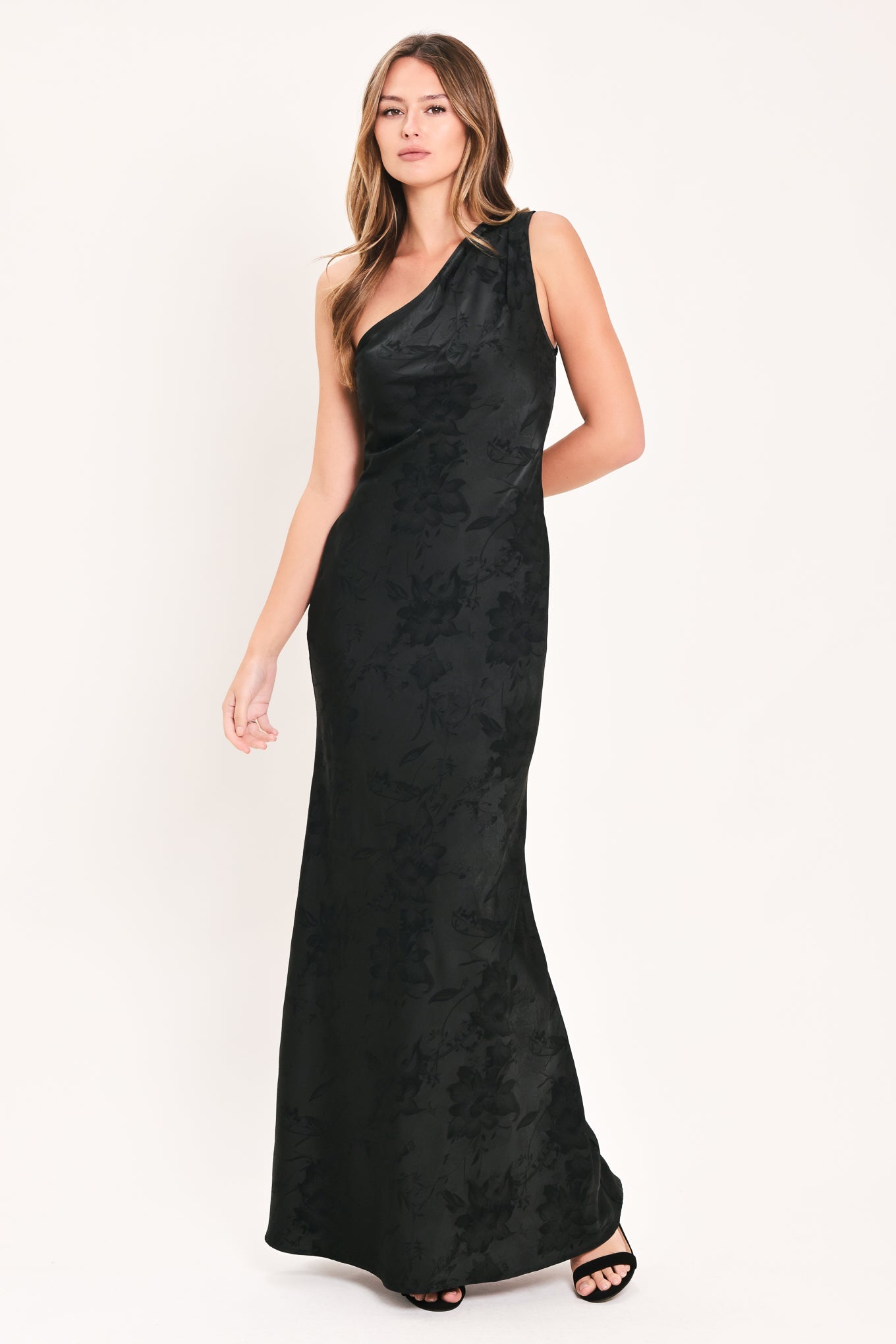ROSE SOLSTICE - ONE SHOULDER BLACK SATIN MAXI DRESS