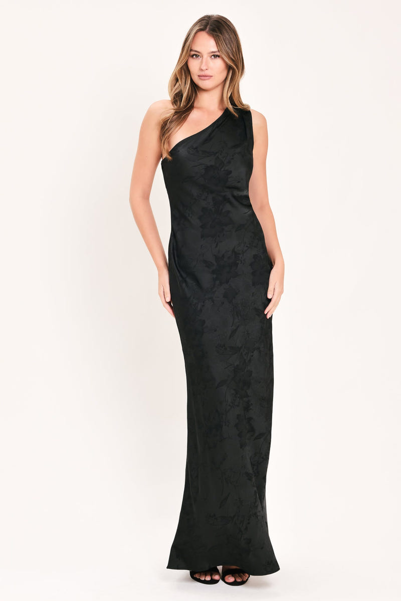ROSE SOLSTICE - ONE SHOULDER BLACK SATIN MAXI DRESS