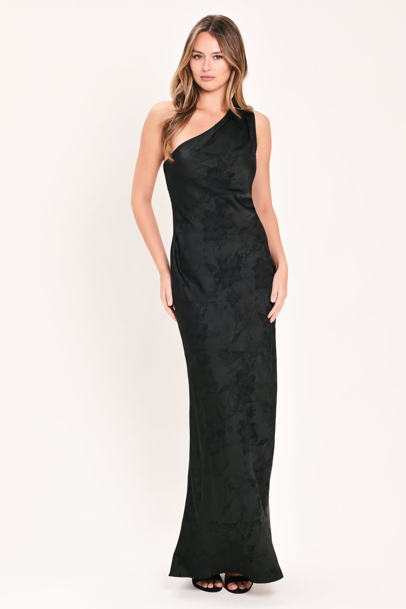 ROSE SOLSTICE - ONE SHOULDER BLACK SATIN MAXI DRESS