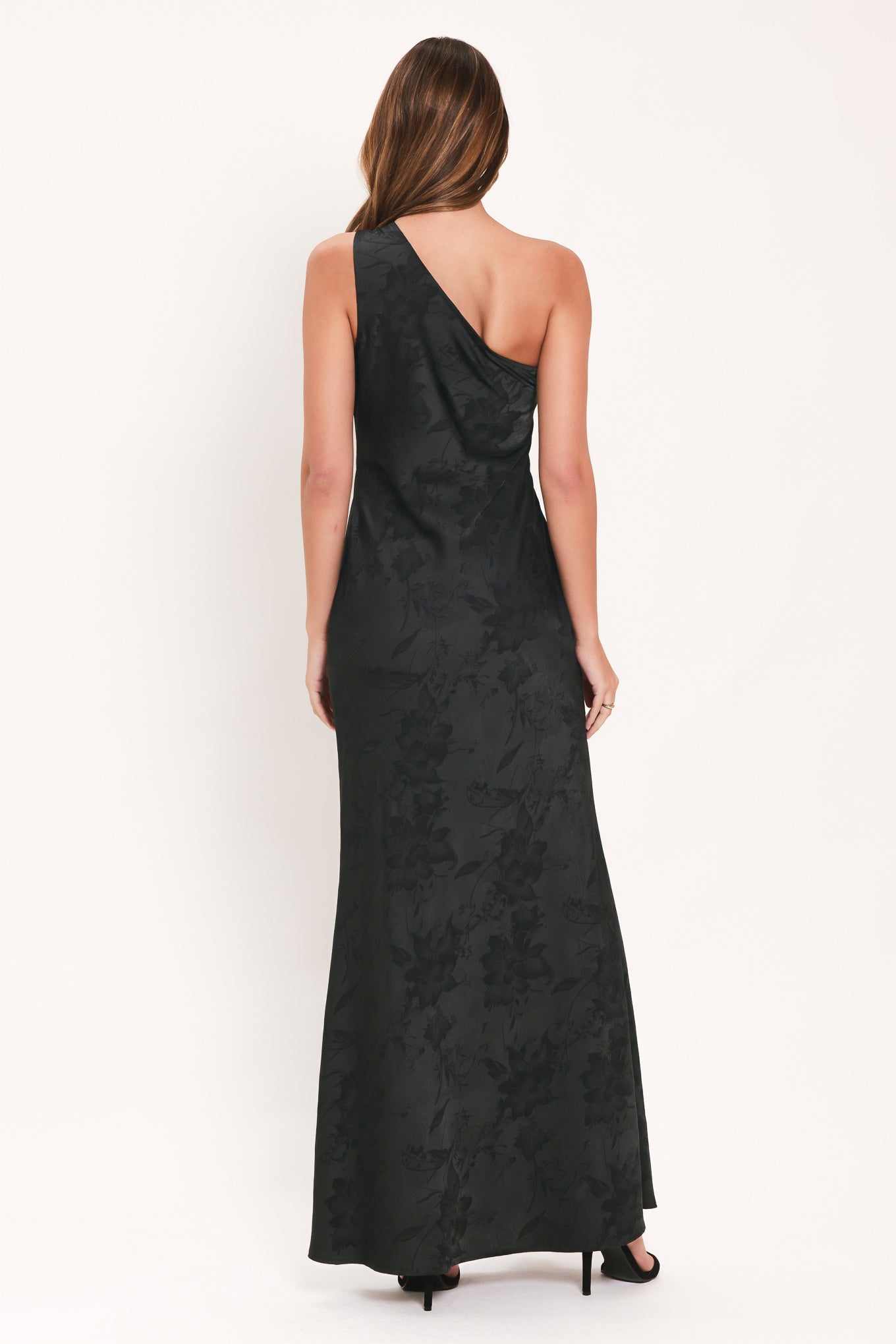 ROSE SOLSTICE - ONE SHOULDER BLACK SATIN MAXI DRESS