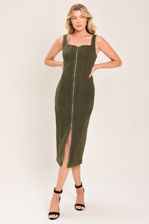 MODERN CARGO CHIC - OLIVE ZIP FRONT MIDI DRESS