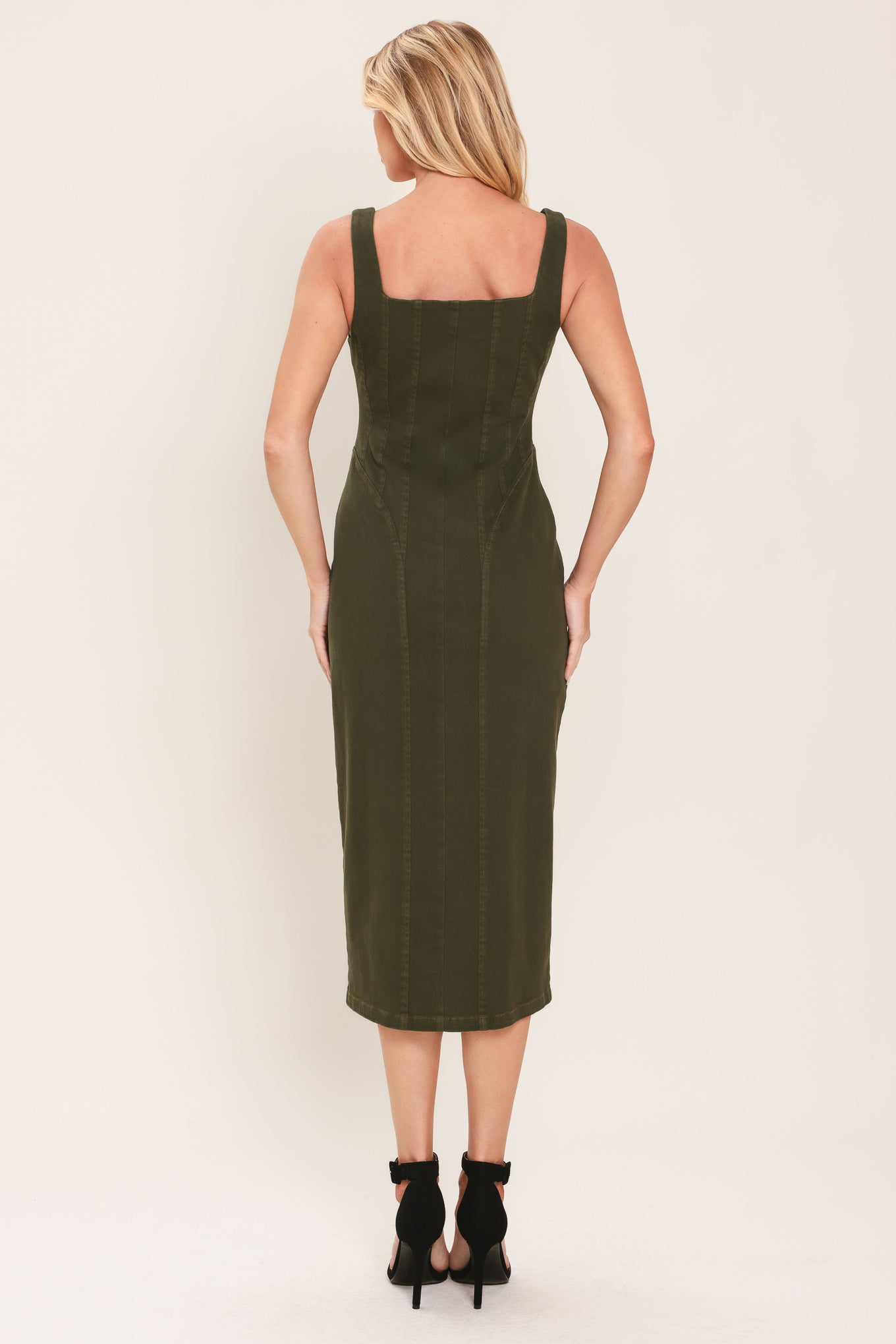 MODERN CARGO CHIC - OLIVE ZIP FRONT MIDI DRESS