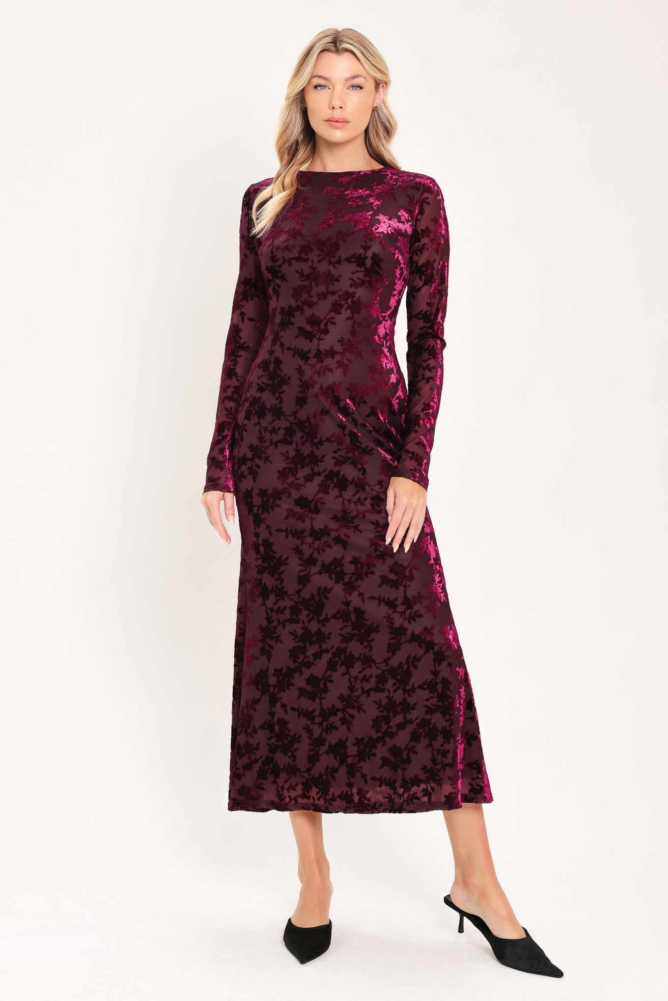 ID24302 BURGUNDY - Cabernet Floral Muse Velvet Midi Dress | Lady Black Tie