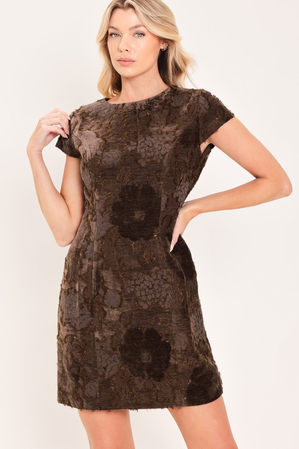 Mocha Velvet Muse Mini Dress | ID24312 BROWN - Deep Coffee Contour Jacquard Velvet Mini Dress | Lady Black Tie
