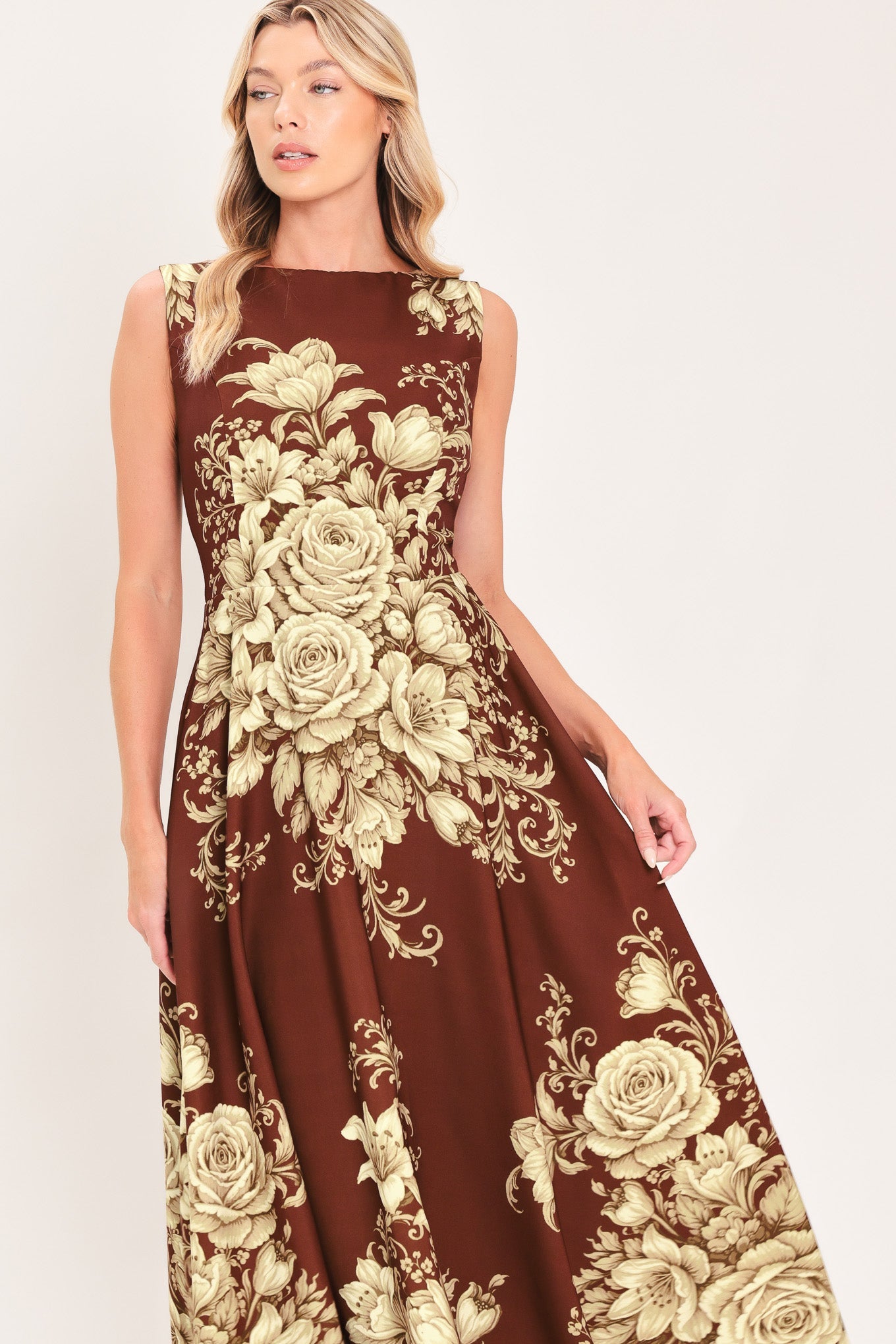 ANTIQUE PETAL REGALIA BROWN MIDI DRESS