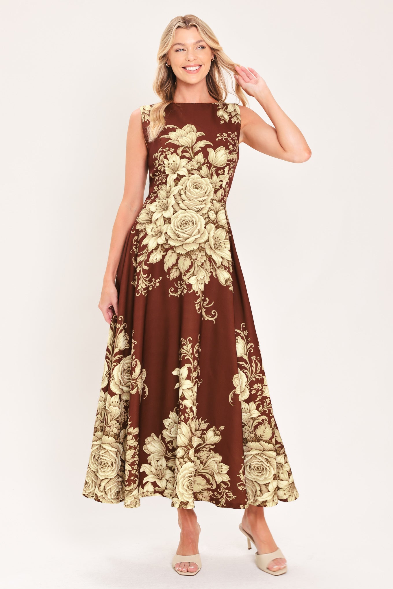 ANTIQUE PETAL REGALIA BROWN MIDI DRESS