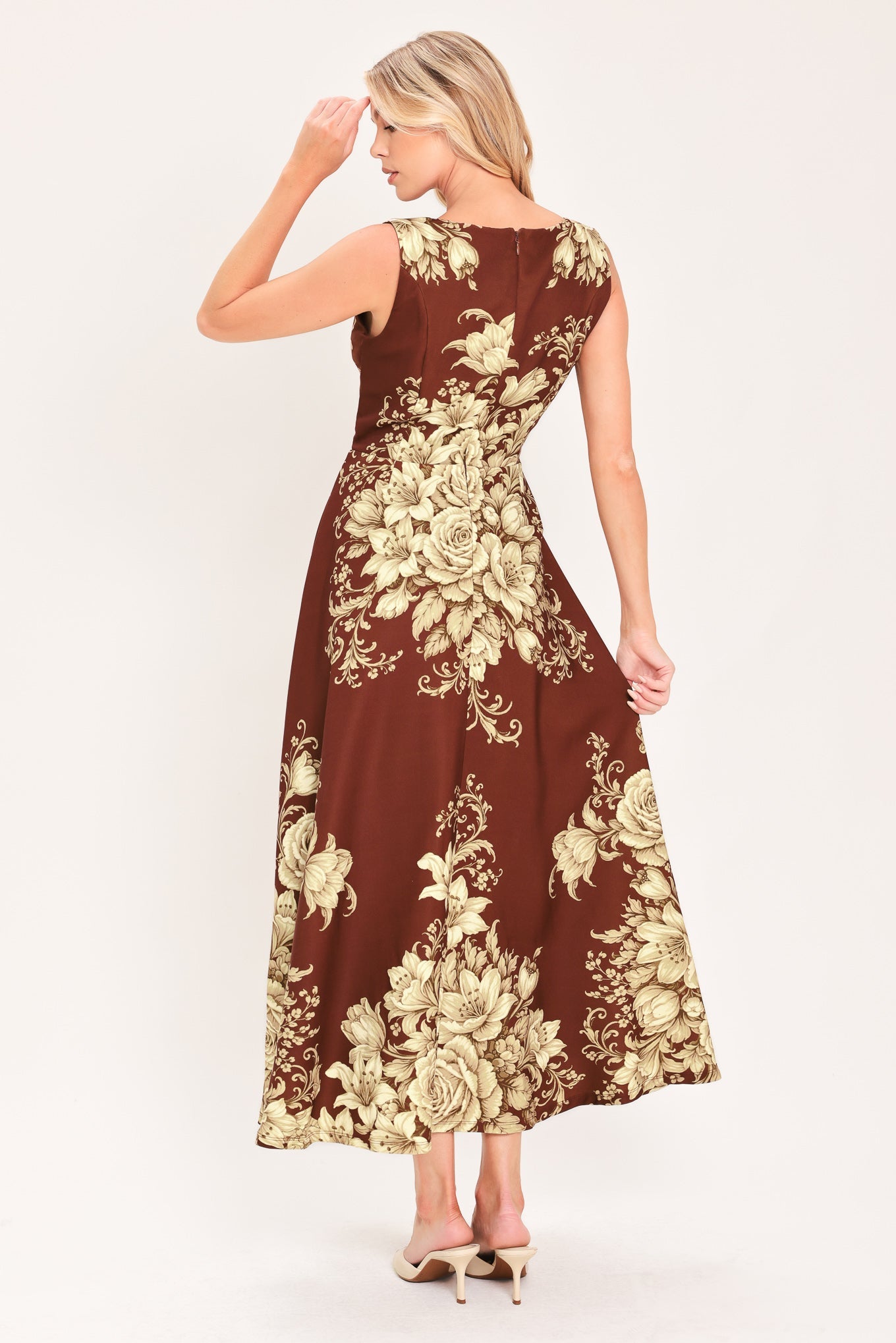 ANTIQUE PETAL REGALIA BROWN MIDI DRESS