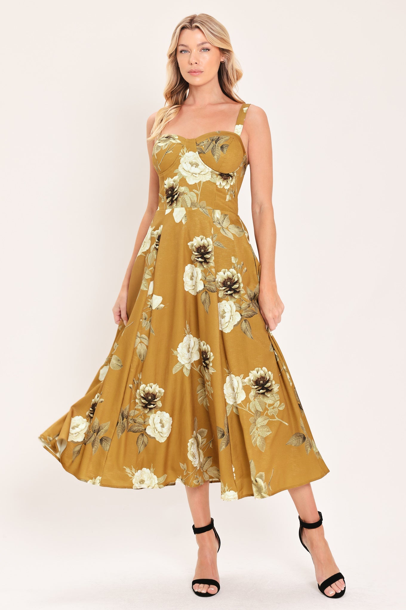 MUSTARD ROSETTE MELODY MIDI DRESS